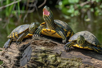 a group of striped turtles with yellow and black markings, basking on a log covered in green algae, one with its mouth wide open, by a pond.