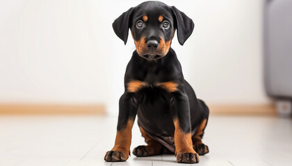 Naklejka na ściany i meble a small black and tan Doberman puppy is sitting on a wooden floor indoors, looking directly at the camera with an attentive and curious expression.
