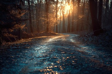 Wet road in autumn or winter transition period forest with sunlight between the trees in the woods ad dawn or dusk