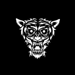 Fierce tiger head, hand drawn in gothic style. Black and white, vector illustration