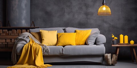Real photo of a wooden table with lamps above, grey sofa with yellow blanket in open space interior.