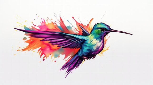 Beautiful hummingbird, rainbow vibrant colorsplash, watercolor style white background. Generate AI
