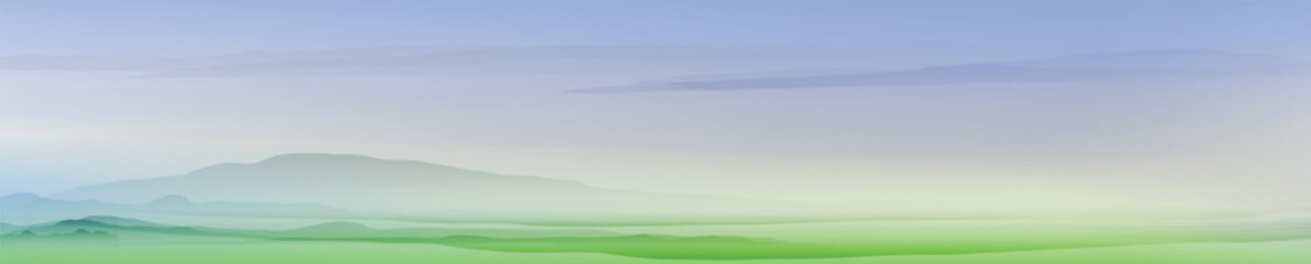 Horizontal banner with blue sky, mountain, fields. Place for text. Watercolor textured vector background. 