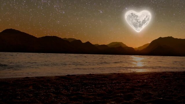 The moon heart-shaped shines over sea on valentine's day 