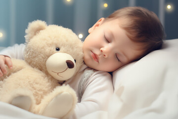 Close up portrait of beautiful cute little boy sleeping in pajama in bed with his teddy bear, lying on pillow with closed eyes. Generative AI