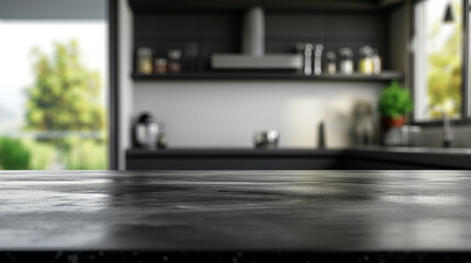 Minimalist elegance on display with empty black table and modern kitchen scene in background