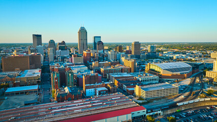 Aerial Golden Hour Cityscape with Stadium and Skyscrapers, Indianapolis