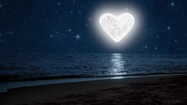 The moon heart-shaped shines over sea on valentine's day 