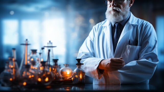 scientist with chemical formulas developing substances for human health