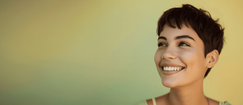 Brazilian Latin Young Woman with Pixie Cut and Glowing Smile on a Light Olive Backdrop - Wide