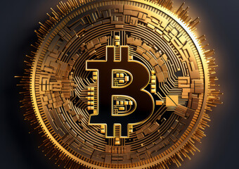 A gold bitcoin symbol on black background