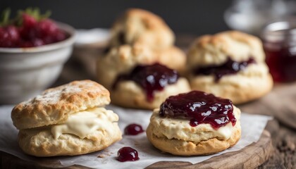 Obraz na płótnie Canvas Scones with berry jam on a rustic wooden table