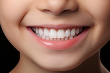 close up of a child's smile with white teeth. Advertising of teeth whitening products or dental clinic. 