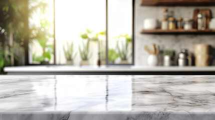 Dining setting that exudes tranquility, with empty marble table and dreamy modern kitchen scene - obrazy, fototapety, plakaty