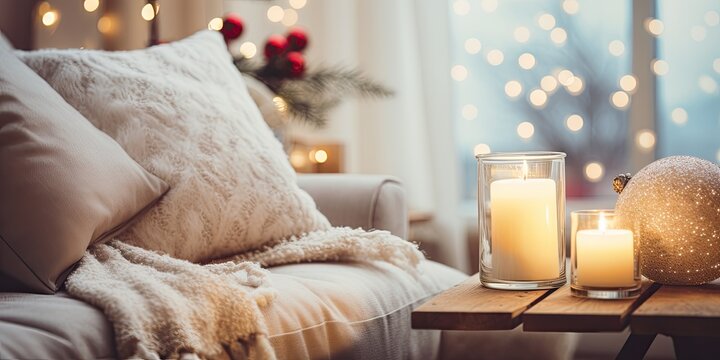 Holiday home decor concept with cozy sofa, pillows, and Christmas or New Year decoration on a modern wooden coffee table in a living room interior background. Toned picture.