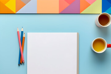 multicolor geometric work space with pencil and caps