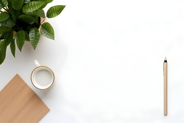  white office and workspace background with cup, plant, notepad, place for the text. top view