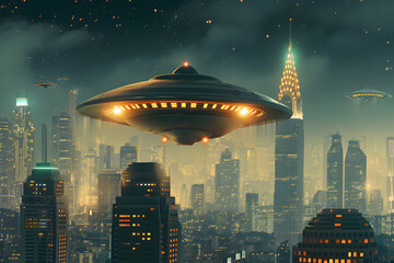 ufos with a with backlight at night over the metropolis.