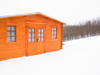 wooden house in the snow - 705996131