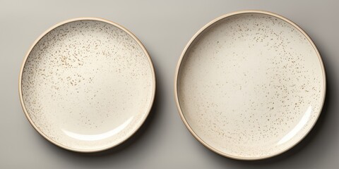 Neutral beige tableware with copy space on gray concrete background, top view. Scandinavian-style...