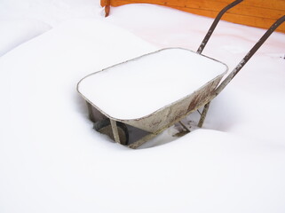 Wheelbarrow covered with snow