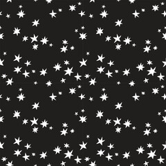 Starry night seamless vector pattern. Simple monochrome geometric ornament with stars for printing on different surfaces. Creative attractive texture for printing on fabric, wrapping, wallpaper, etc..