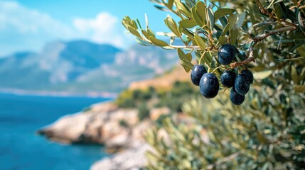 Mediterranean background with branches of ripe dark olives against a background of bright shining sky and mountains. Conceptual background for Olive Day image
