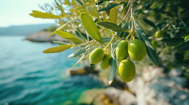 branch with green olives on a Mediterranean background of a bright shining sky and mountains. Olive Day image greeting card