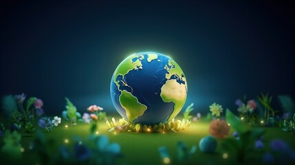 Obraz na płótnie Canvas Earth day eco friendly symbolizes of the bright globe on the blue background. Generate AI image