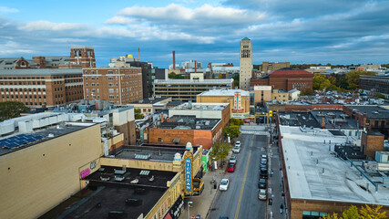 Aerial Ann Arbor Cityscape with Solar Panels and Michigan Theater