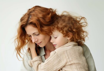 Red-haired mother and son hugging, clothes made of natural fabrics, tender moment of parenthood, white background