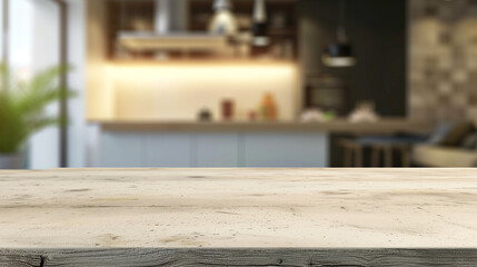 Fototapeta na wymiar Beautifully rustic dining table harmonizing with backdrop of blurred dreamy kitchen scene
