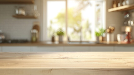 Tranquil dining arrangement featuring empty wooden table against blurred state-of-the-art kitchen