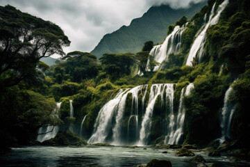 Majestic Waterfall in a Lush Mountain Landscape