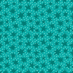 Hand-drawn stars on teal dotted background seamless vector pattern. Simple monochrome geometric ornament with stars for printing on different surfaces.  