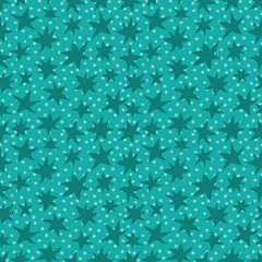 Hand-drawn stars on teal dotted background seamless vector pattern. Simple monochrome geometric ornament with stars for printing on different surfaces.  