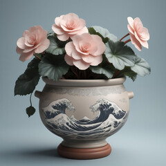 Vintage-style ceramic pot with begonia and dynamic cut paper with musical motifs next to a swirling ocean waterspout - 8k high resolution realistic Gen AI - obrazy, fototapety, plakaty