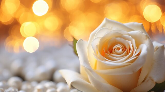 Close up of beautiful white rose flower with blur bokeh background. Generate AI image