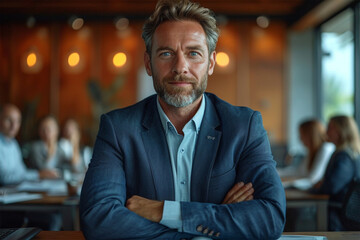 Portrait of successful business leader of businessman manager posing in office