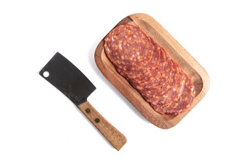 Slices of delicious smoked sausage on wooden bowl isolated on white