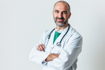 Compassionate portrait of a doctor, empathetic and caring, white background