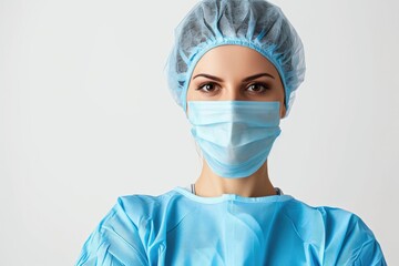 Confident portrait of a female surgeon, skilled and determined, white background
