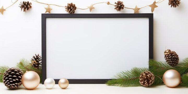 Holiday scene with black frame and festive decorations on white backdrop, front view, empty space for text.
