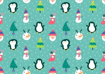 Christmas cartoon doodle seamless Santa and penguin and snowman pattern for wrapping paper and fabrics