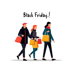Crowded Shopping Mall Scene for Black Friday Flat Design Vector.