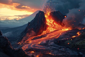 Scary volcanic eruption with flowing red magma - obrazy, fototapety, plakaty