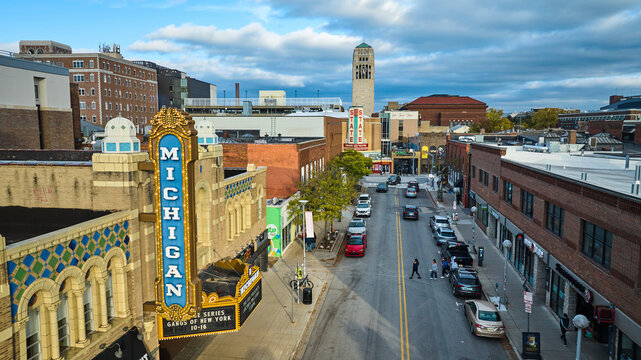 Aerial Downtown Ann Arbor Street with Historic Theaters and Tower