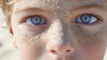 Close-up of a child's face covered in sand