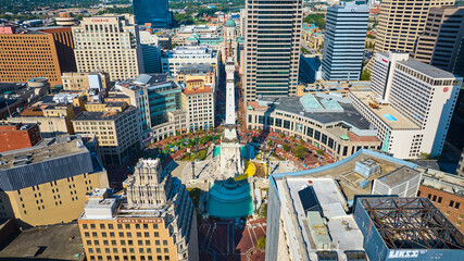 Aerial View of Monument Circle and High-Rises in Downtown Indianapolis
