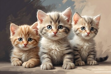 Three kittens on a rustic background - obrazy, fototapety, plakaty